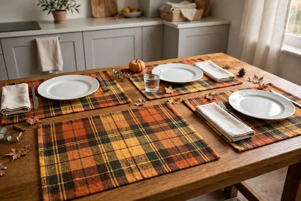 Washable fall plaid placemats under everyday plates on a kitchen dining table with plain napkins.