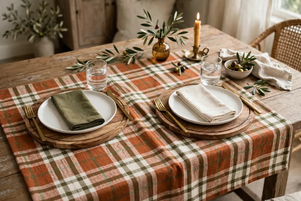 Plaid runner in rust, cream, and olive on a dining table with round wood chargers under white plates.