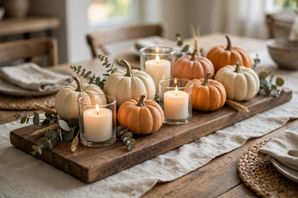 Wood board centerpiece with small pumpkins in cream and muted orange and short pillar candles in glass holders on a dining table.