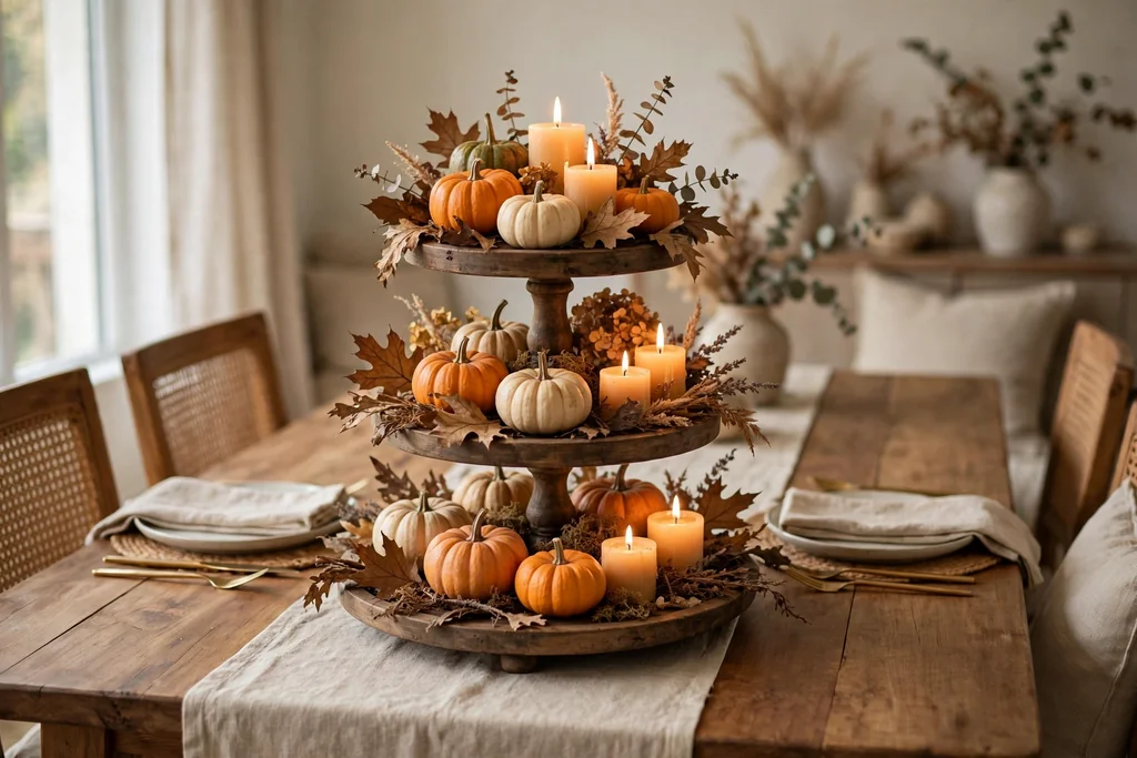 Tiered stand at the end of a dining table holding small pumpkins, candles, and dried leaves.