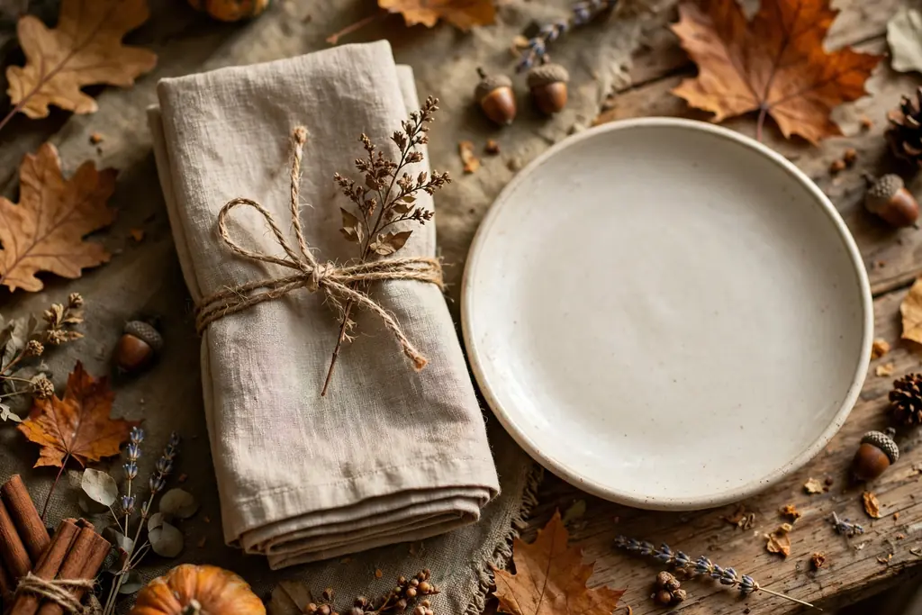Folded linen napkin wrapped with twine and a small dried sprig beside a plate on a fall table.