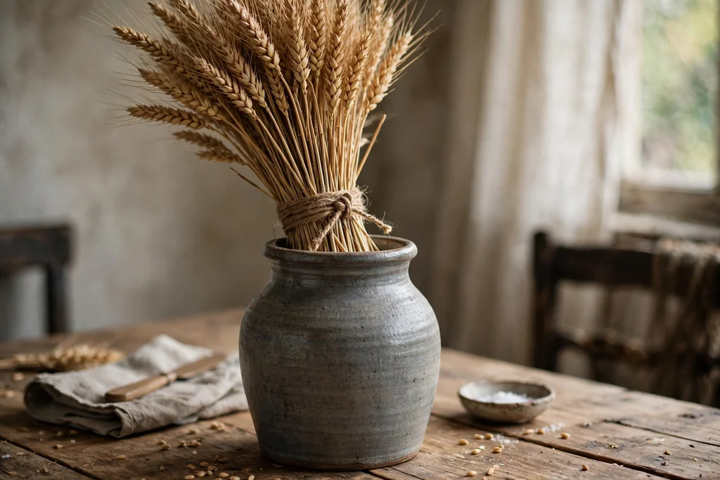 Bundle of dried wheat stems tied with twine standing in a heavy stoneware jug on a dining table.