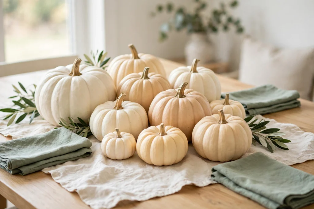 White and cream pumpkins grouped on cream linen with sage green napkins on a bright dining table.