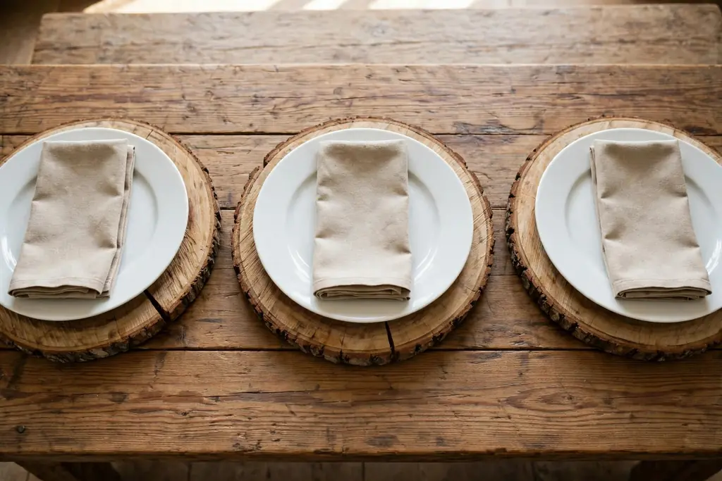 Round wood slice chargers under everyday white plates with folded napkins on a wood table.
