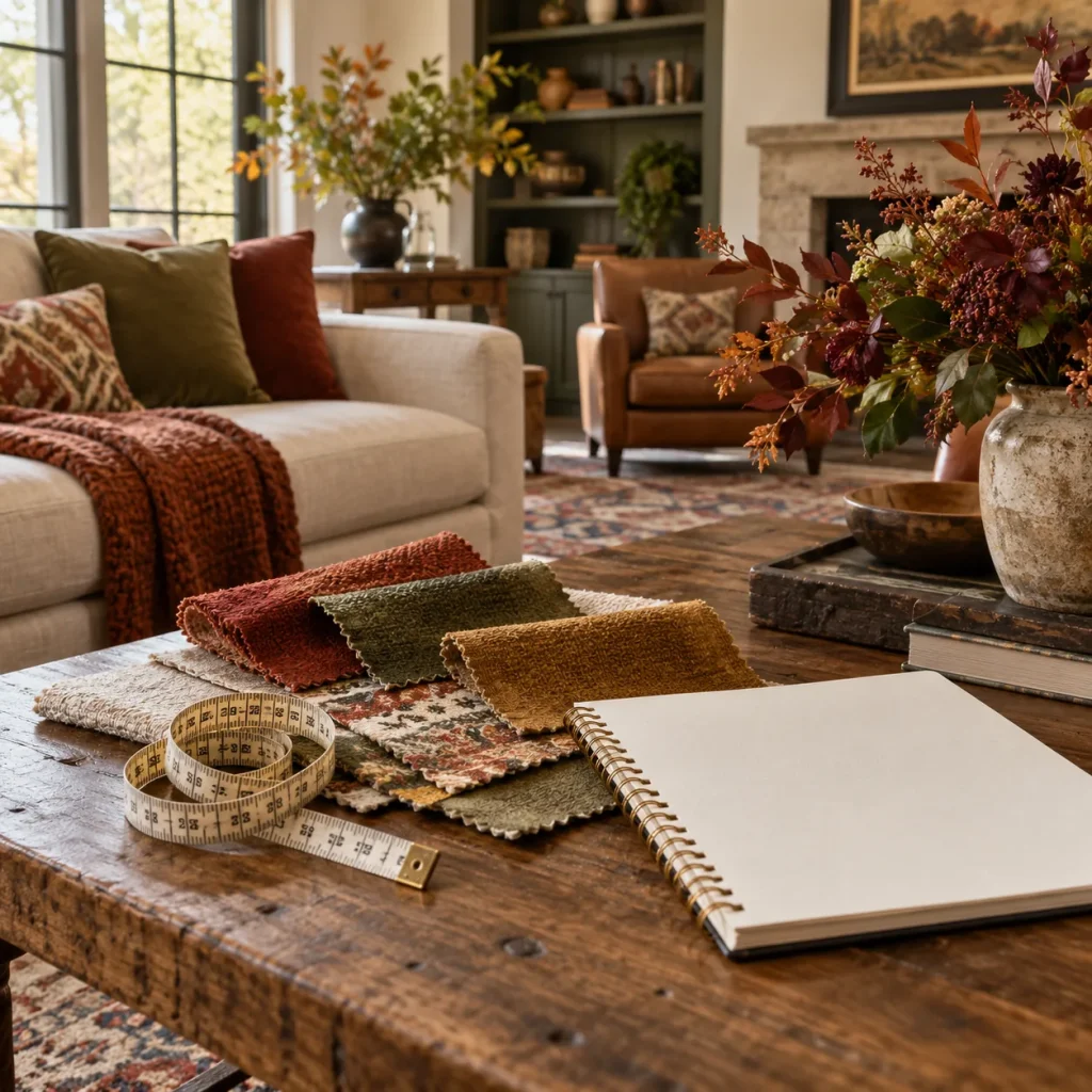 Measuring tape, fabric swatches, and a blank notebook on a coffee table.