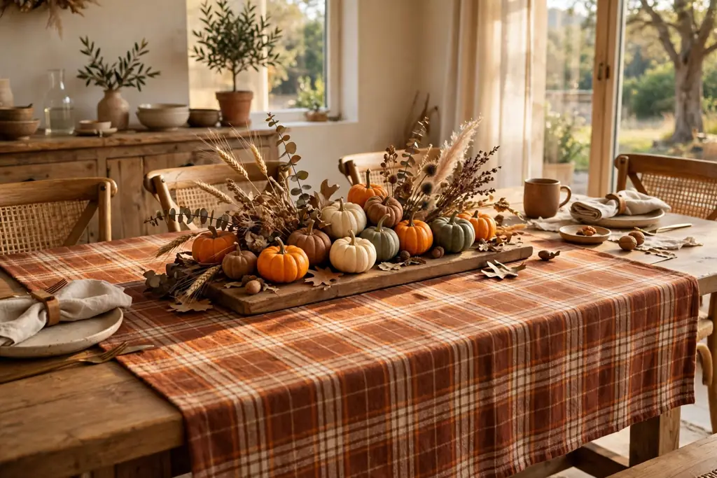 Dining table with a rust plaid runner and a wood board centerpiece with small pumpkins.