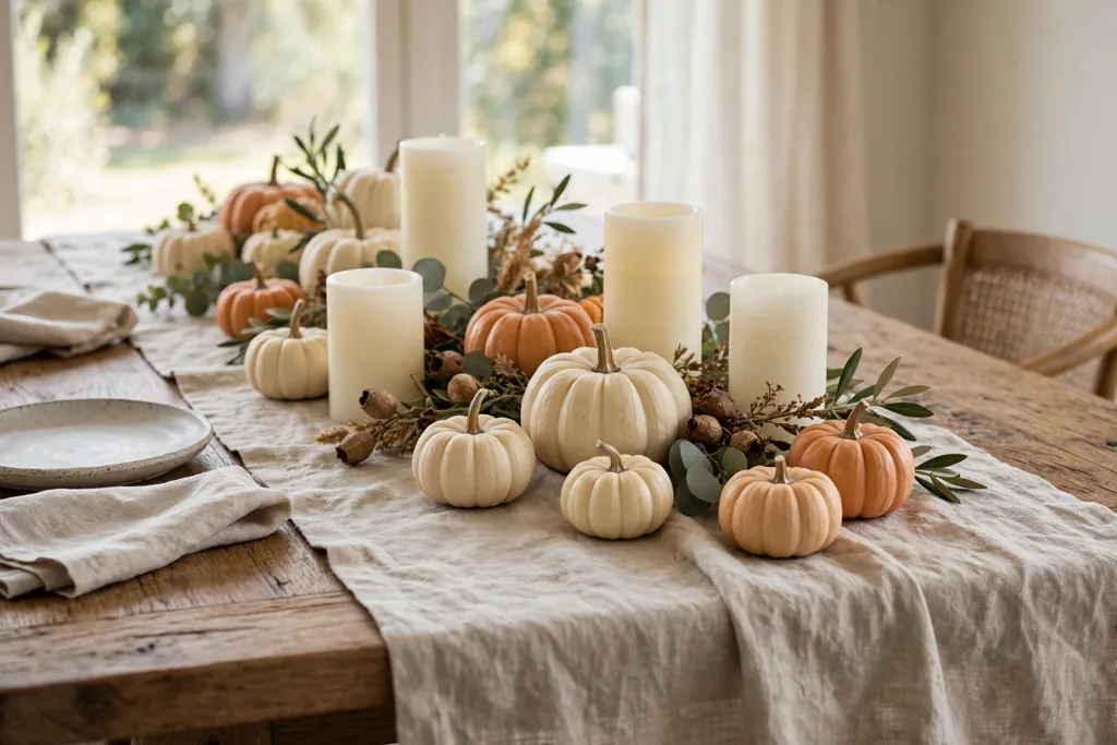 Natural linen table runner with mini pumpkins and candles down the center.