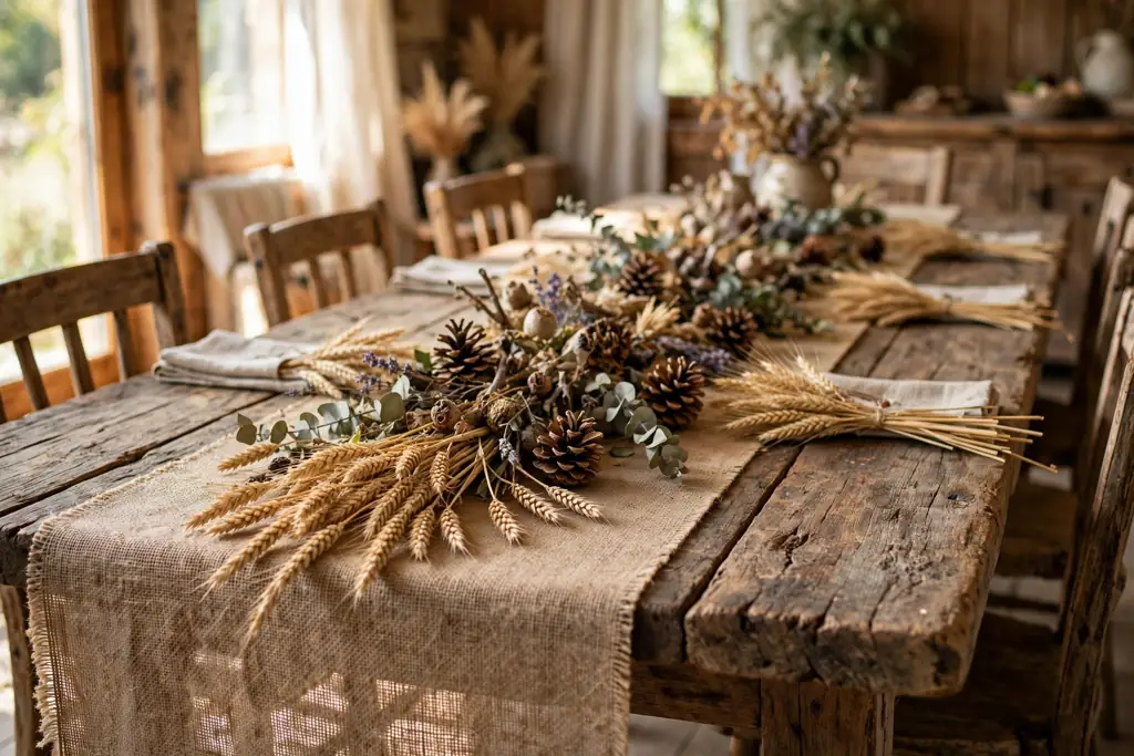 Burlap table runner with dried wheat and pinecones on a rustic wood table.