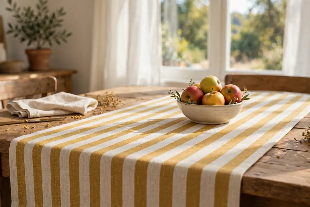 Mustard and cream striped table runner with a small bowl of apples.