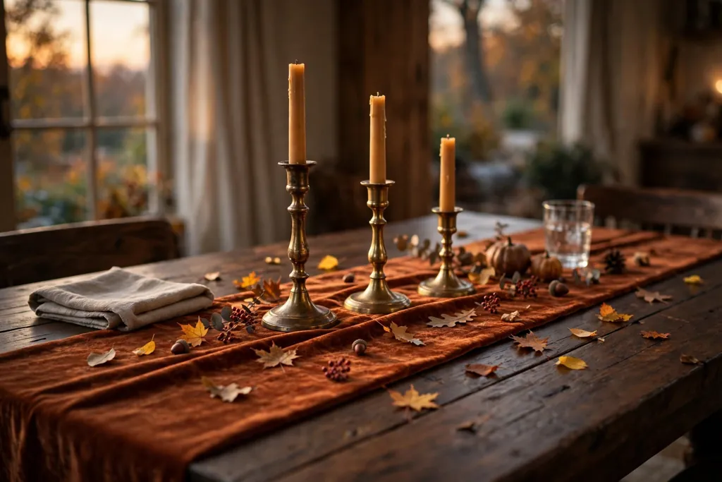 Rust velvet table runner with brass candlesticks on a dark wood table.
