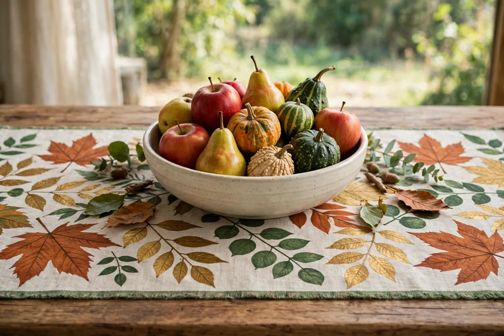 Leaf print table runner with a bowl of apples, pears, and small gourds.