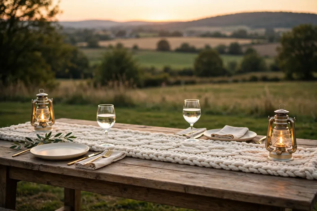 Chunky woven table runner with small lanterns at each end.