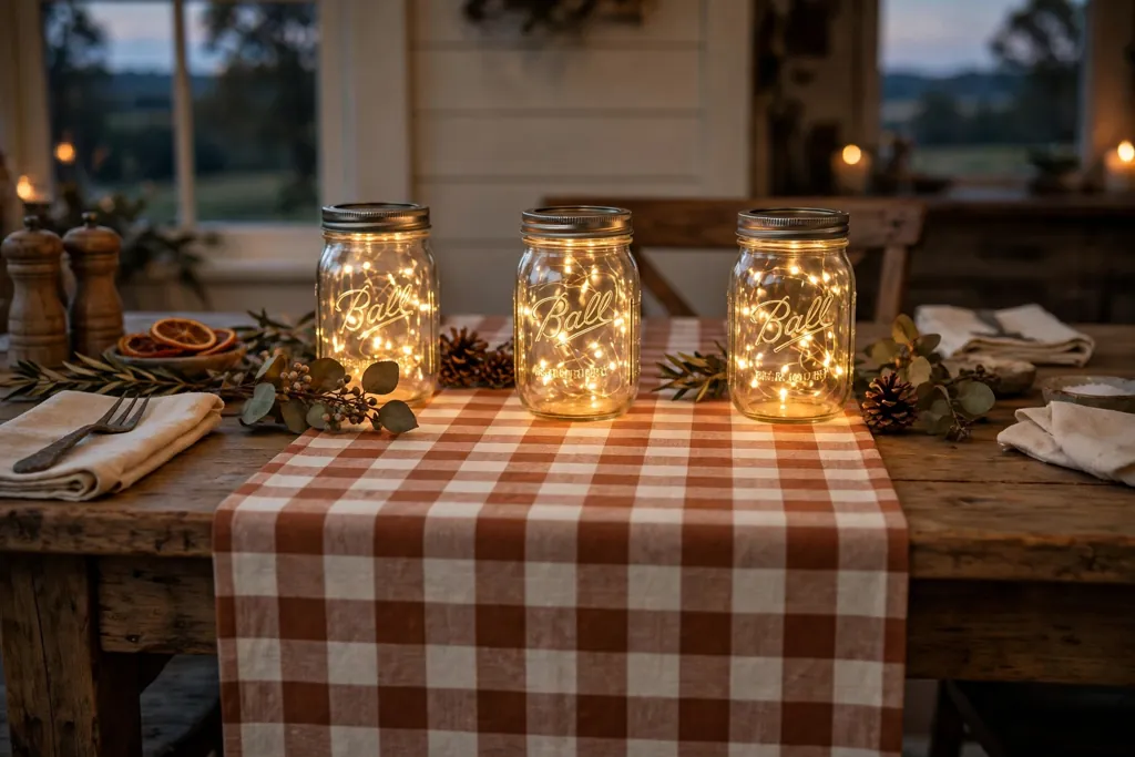 Farmhouse checked table runner with mason jars holding warm lights.