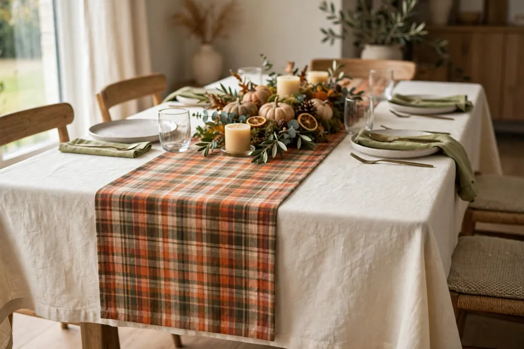 Cream tablecloth layered with a narrow fall plaid runner on a dining table.