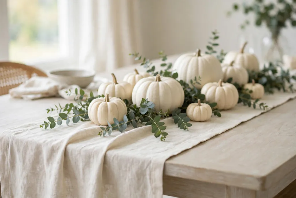 Cream table runner with white pumpkins and eucalyptus sprigs.