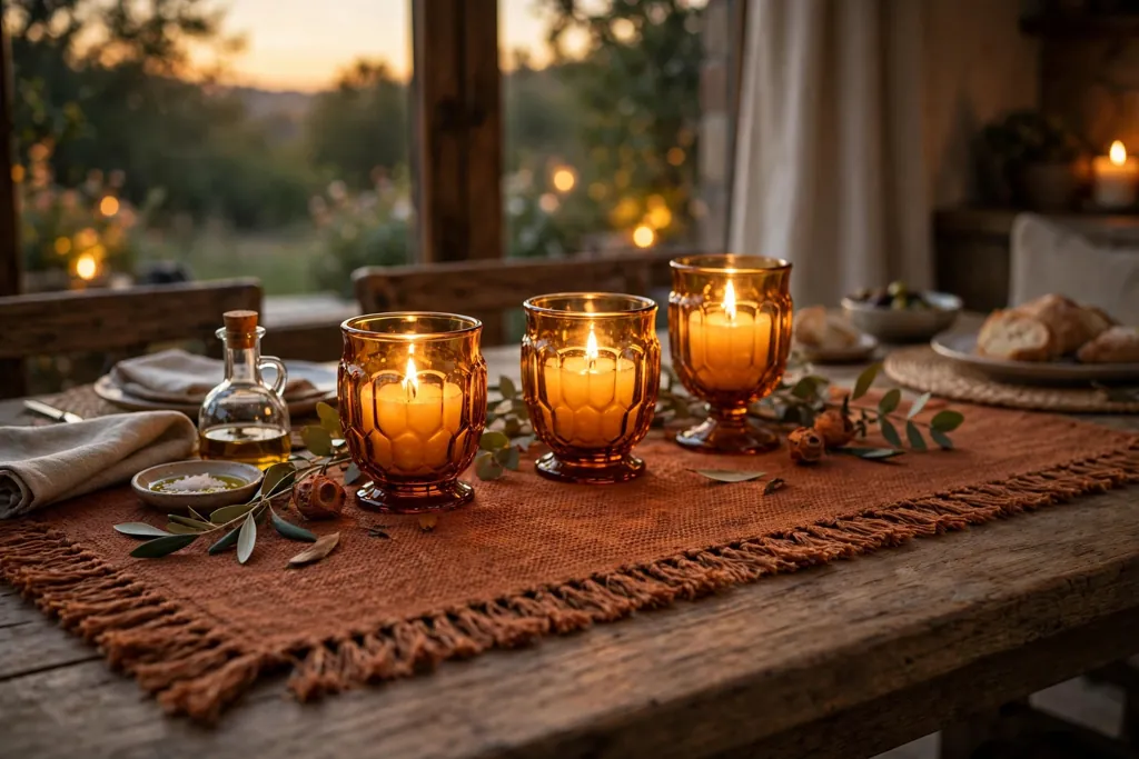 Rust table runner with amber glass candle holders in warm evening light.