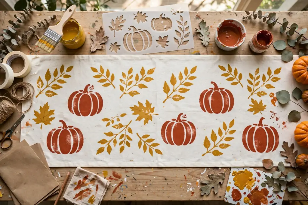 Plain cotton runner with stenciled pumpkins and leaves in fall colors.
