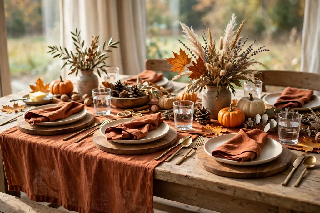 Dining table with a rust runner, wooden chargers, cream plates, and rust napkins.