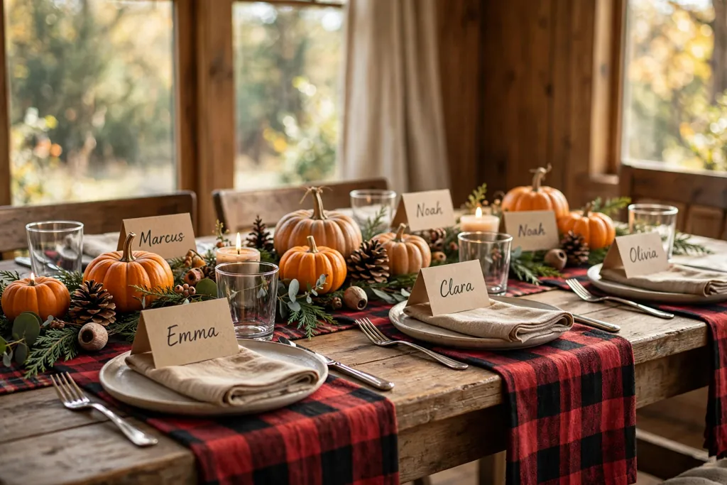 Thanksgiving table with a plaid runner, pumpkins, pinecones, and place cards.