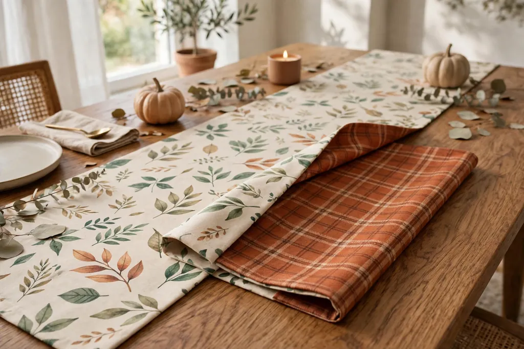 Reversible fall table runner showing a light leaf print side and a rust plaid side.