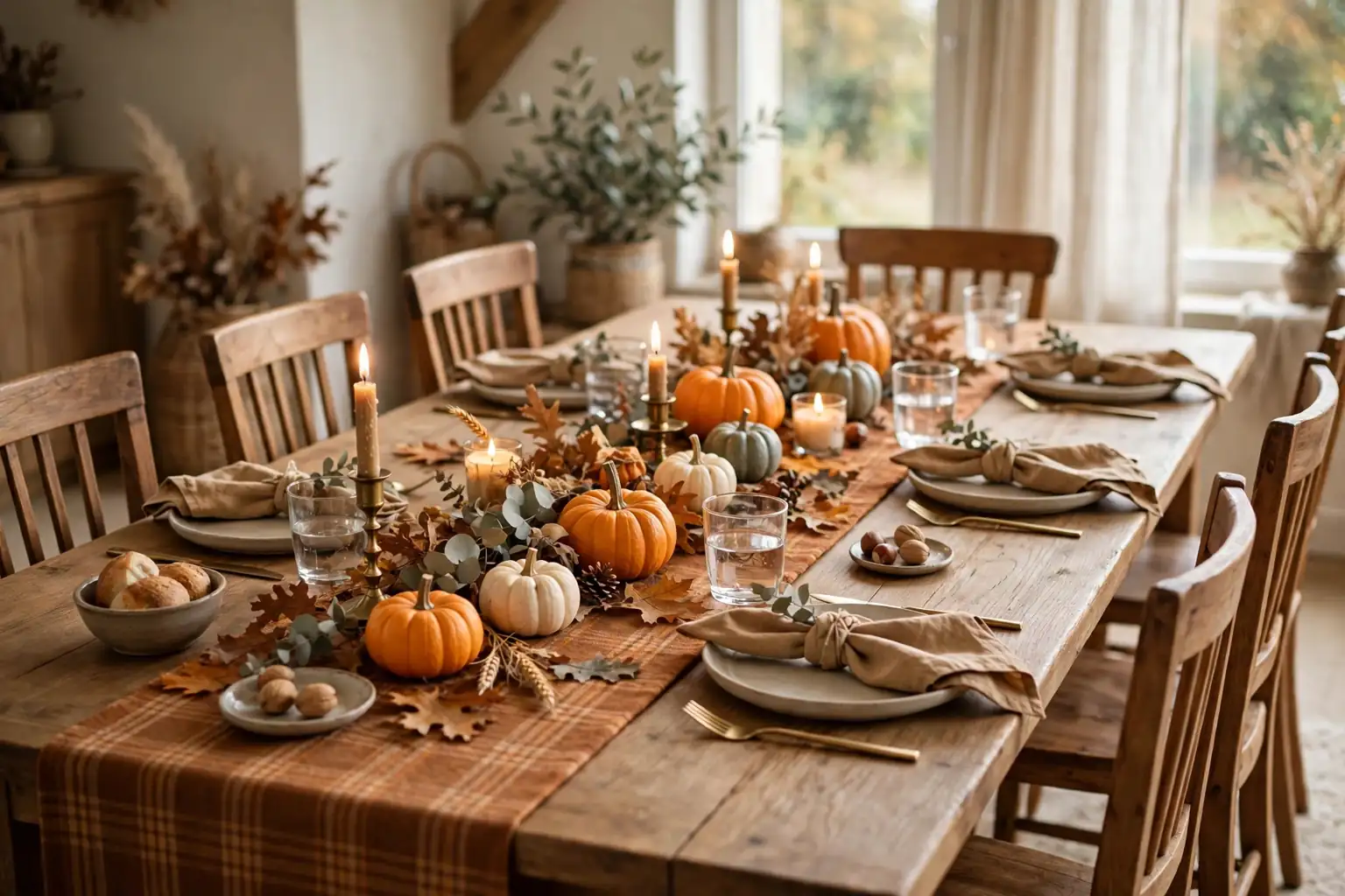 Cozy dining table with a rust plaid fall runner, small pumpkins, and candles.