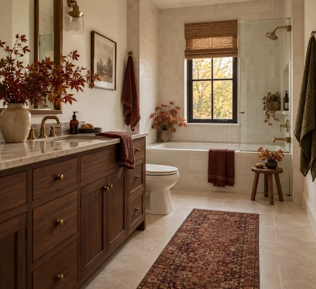 Bathroom with warm wood, autumn colors, and soft textiles.
