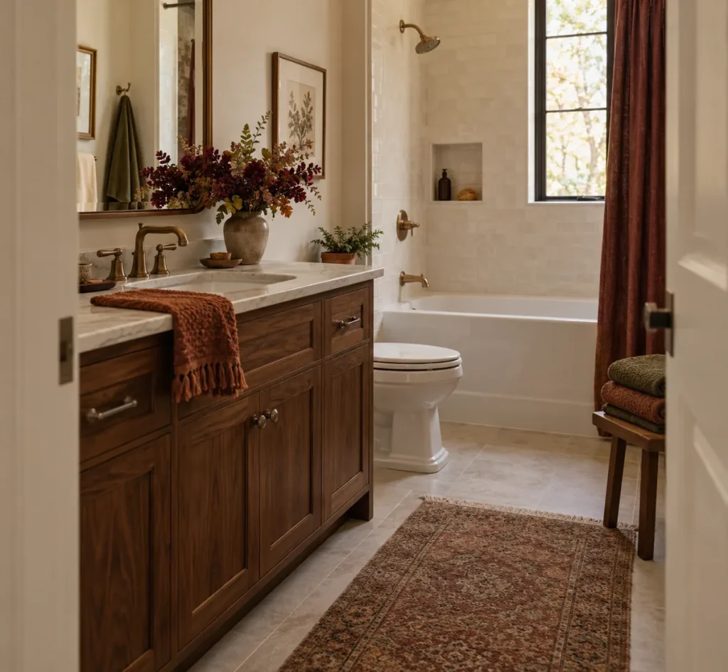 Bathroom with warm wood, autumn colors, and soft textiles.
