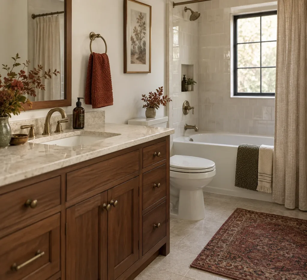 A rust hand towel hanging beside a warm wood bathroom vanity.
