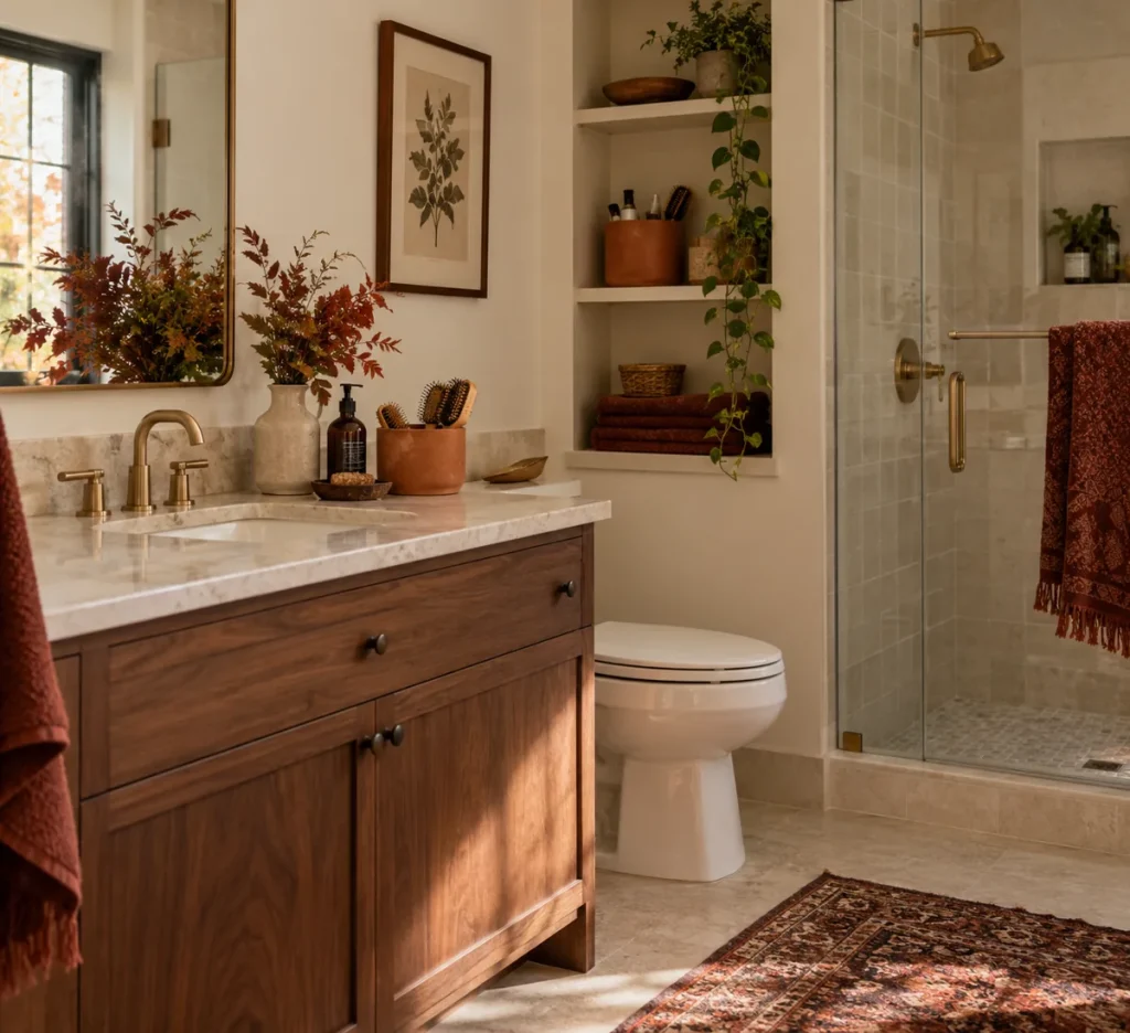 A clay-colored container on a wood bathroom vanity.