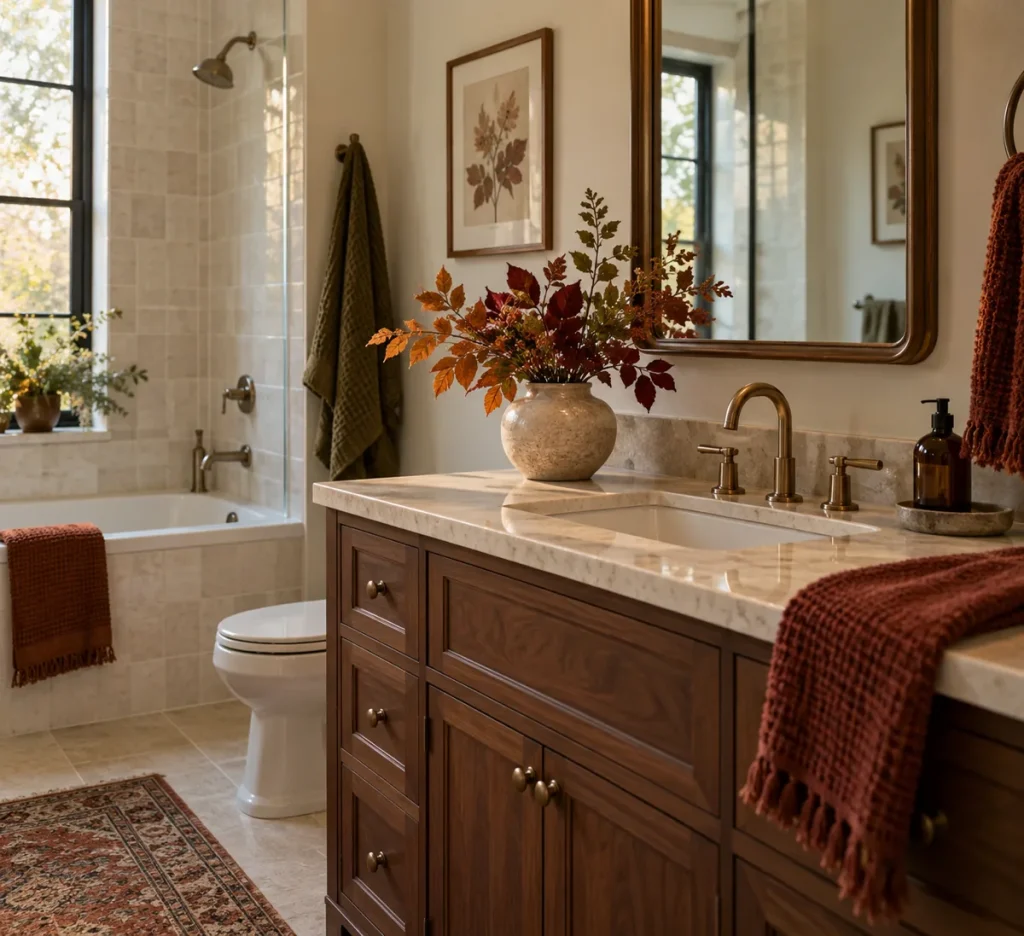 Short autumn stems arranged in a broad vase beside the mirror.