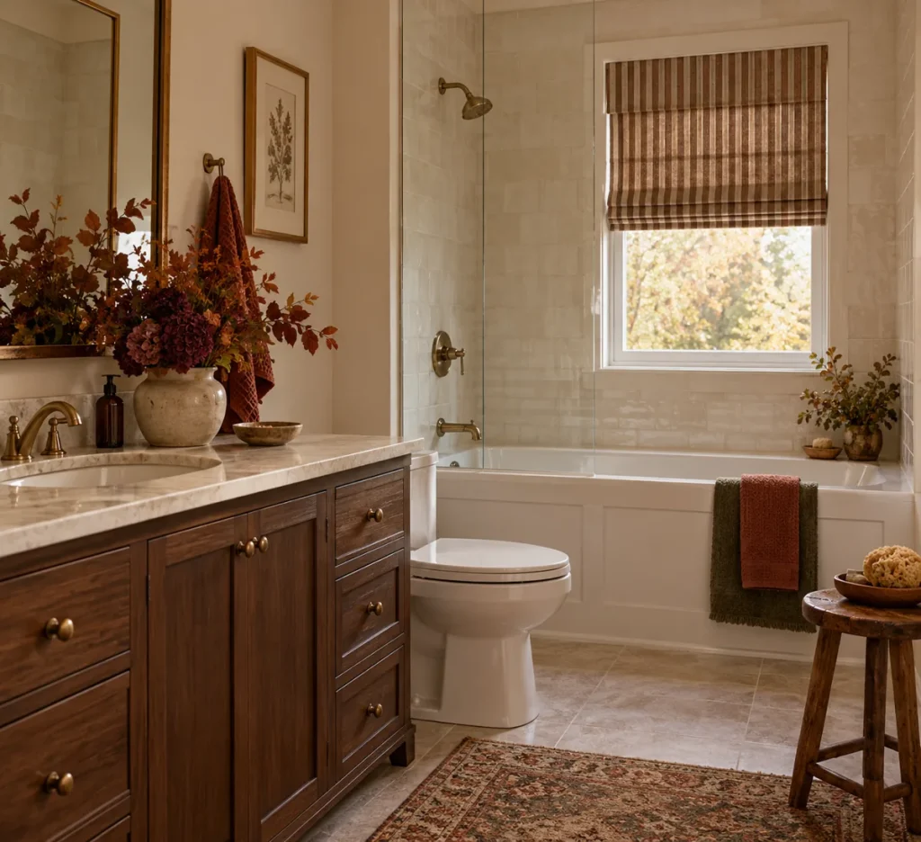 A striped shade over a bathroom window with warm wood finishes.