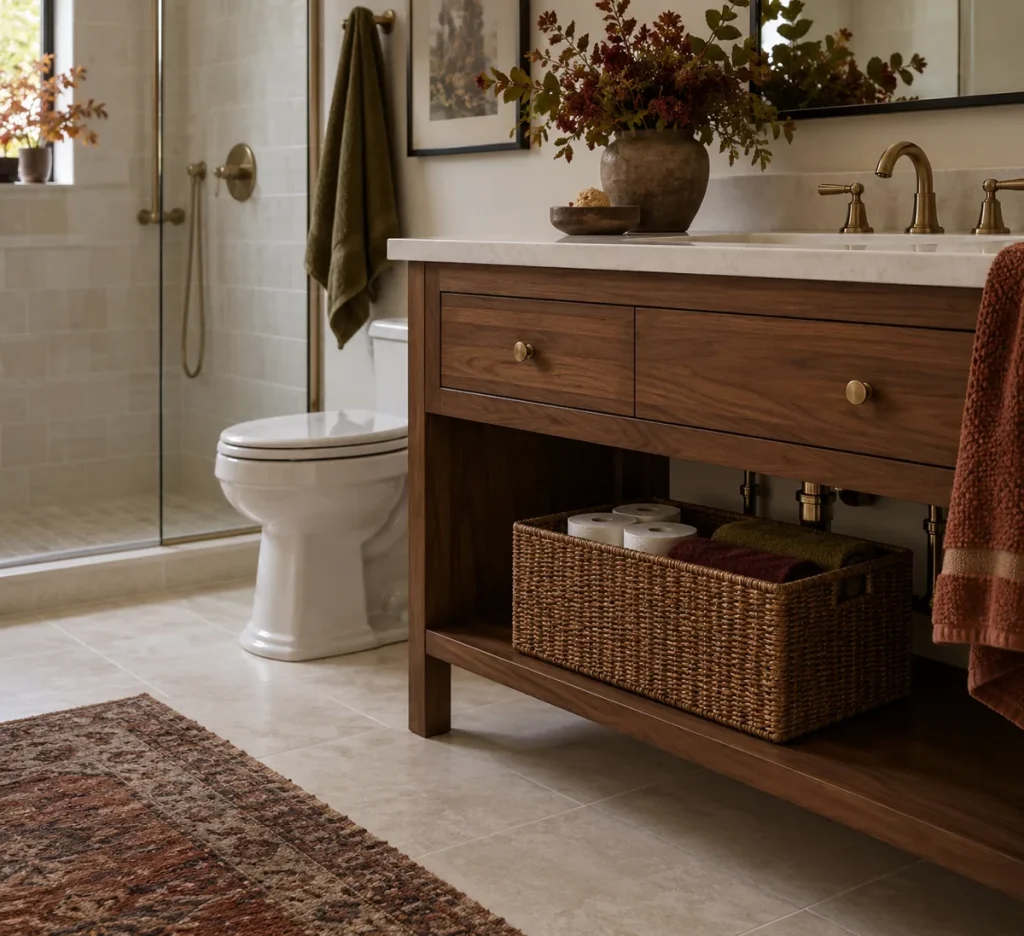 A woven-look storage basket beneath an open bathroom vanity.