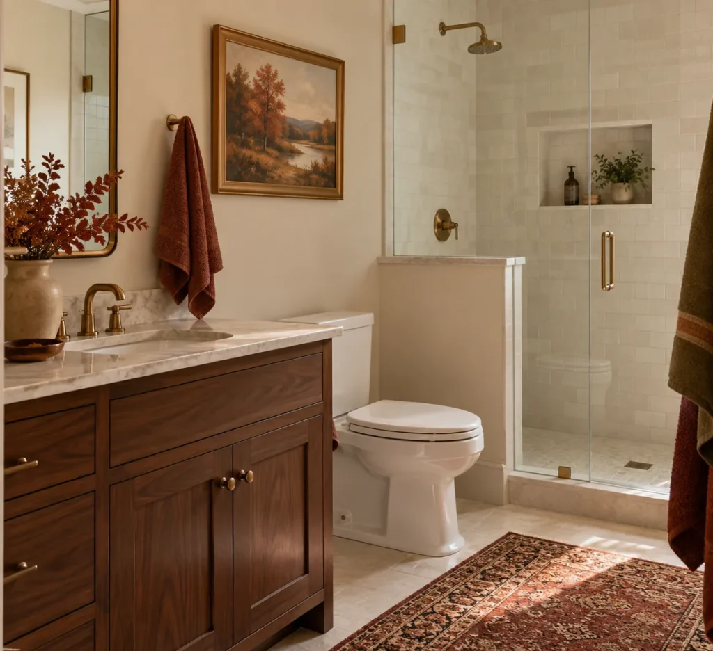A framed autumn landscape beside a white tub.