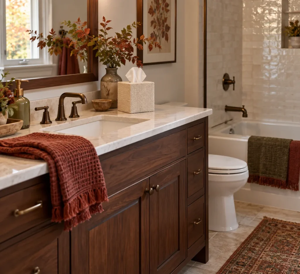 A neutral tissue cover on a bathroom counter with rust textiles.