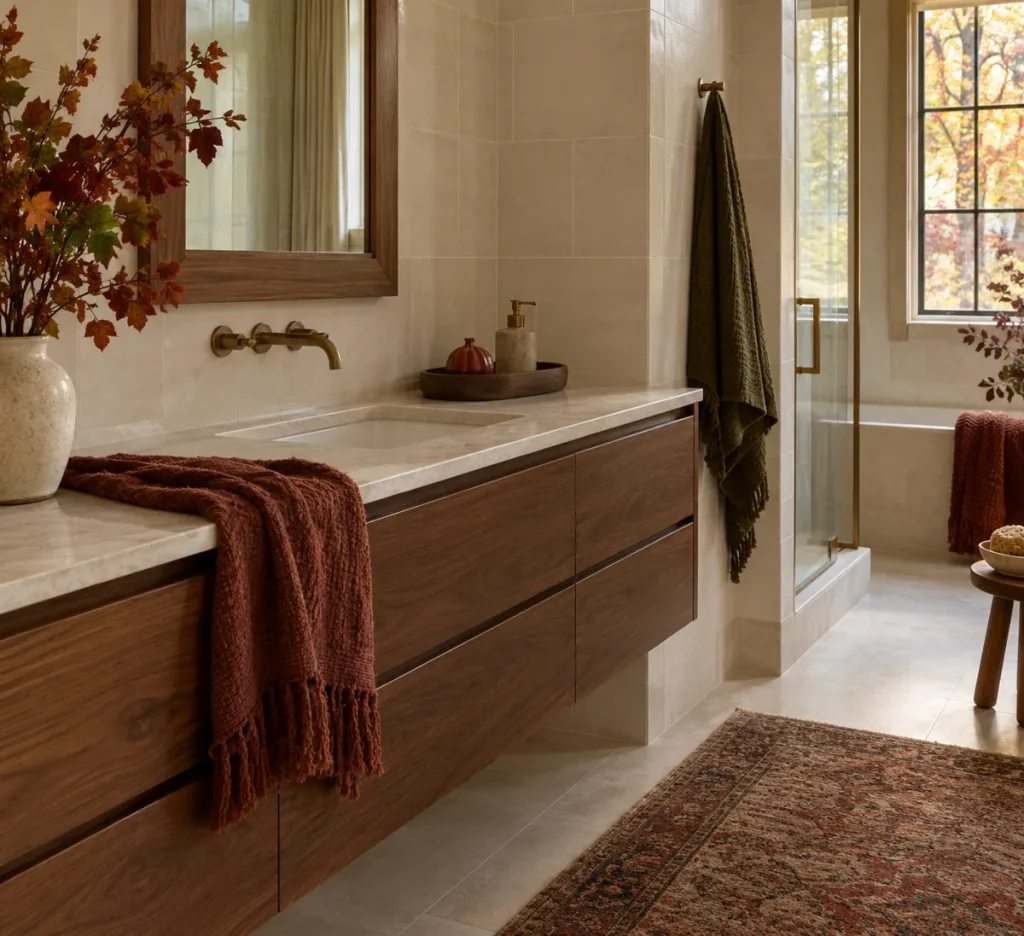 A low tray with a small contained bathroom display.