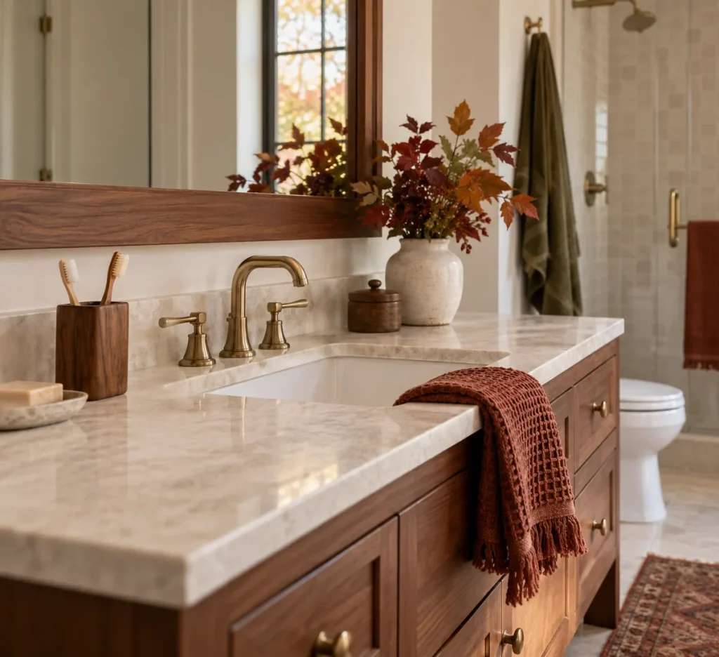 A toothbrush holder beside a pale sink and warm wood vanity.