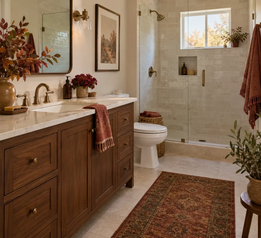 Warm cream and rust accessories in an autumn bathroom.