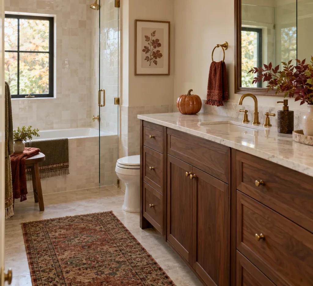 A small ceramic pumpkin on a dry bathroom ledge.