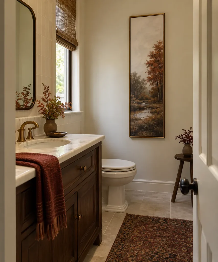 A tall framed picture on a narrow dry bathroom wall.