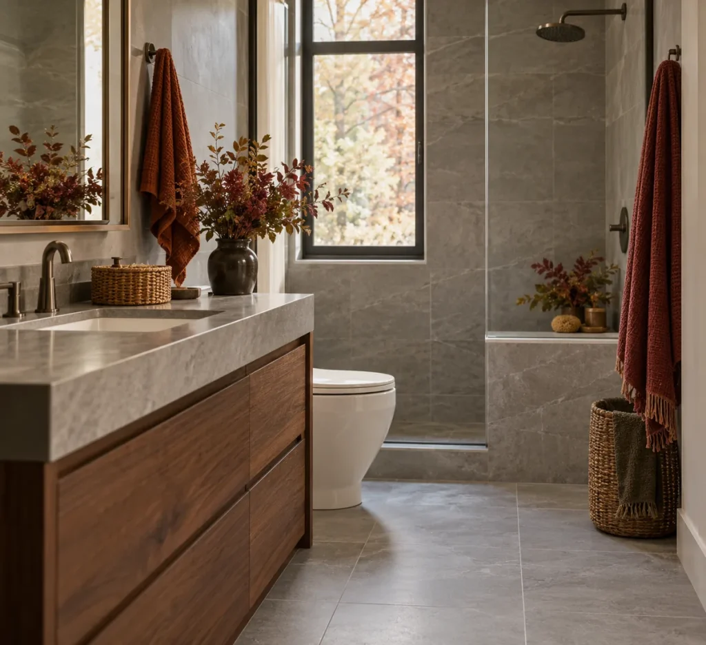 Warm woven texture and a rust towel beside pale bathroom tile.