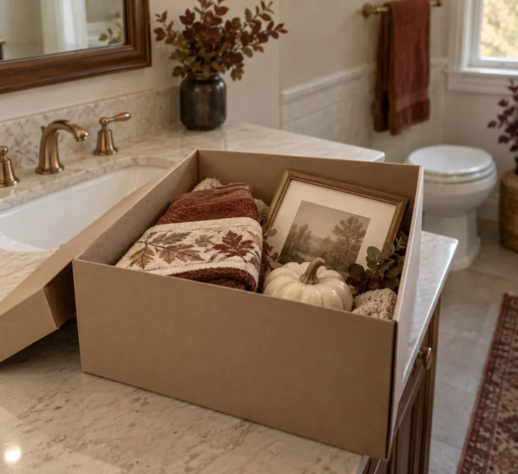 A small open storage box holding fall bathroom decorations.