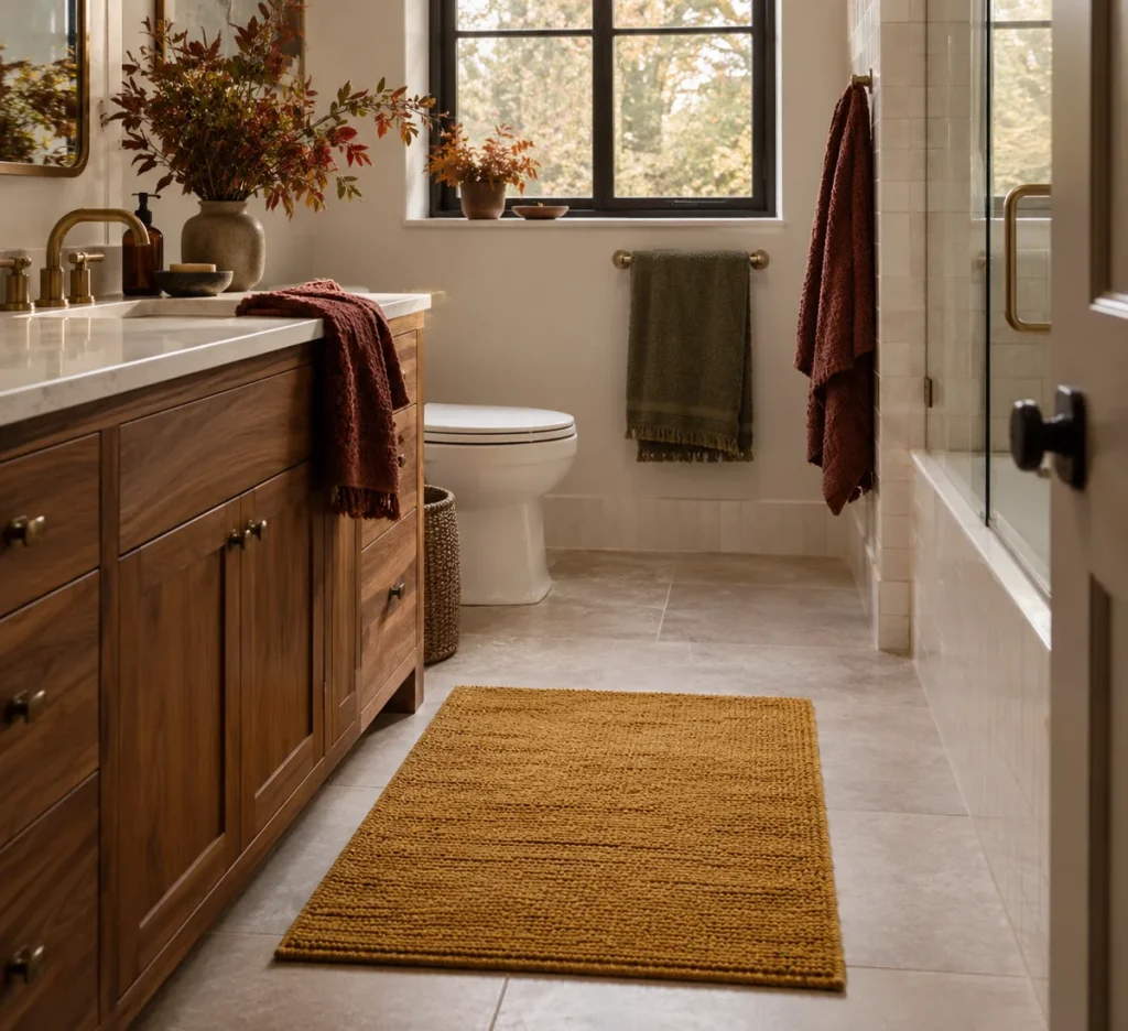 A mustard bath mat on the floor in front of a white tub.