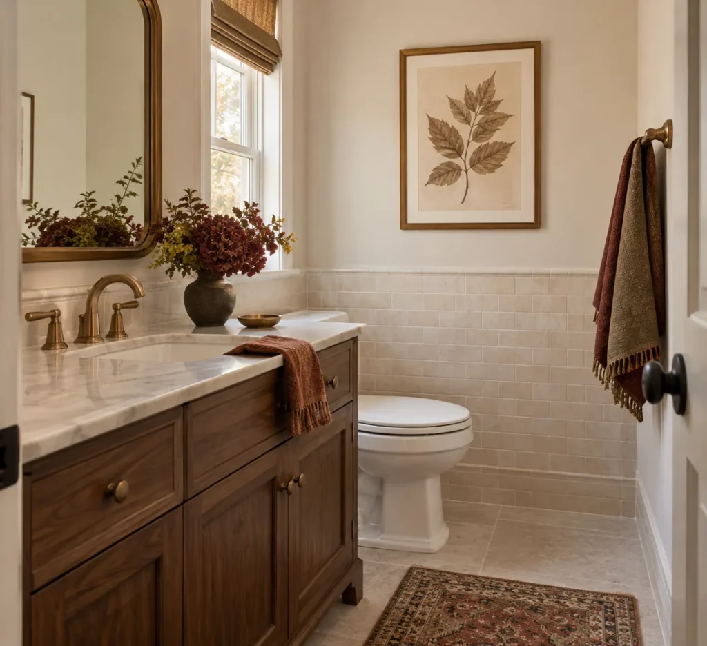 A framed leaf illustration on a pale bathroom wall.