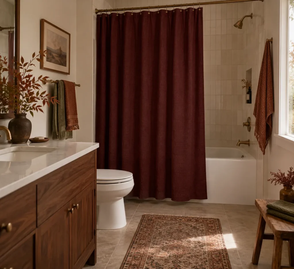 A deep burgundy shower curtain in an autumn-styled bathroom.