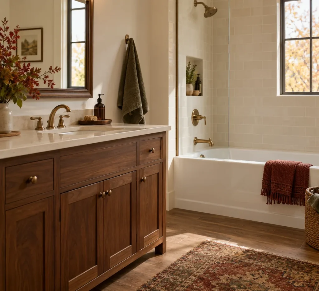 An olive towel beside a wooden vanity and cream tile.