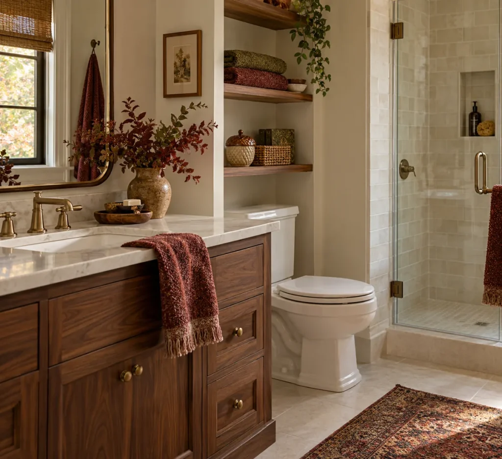 A small lidded container beside autumn bathroom accessories.