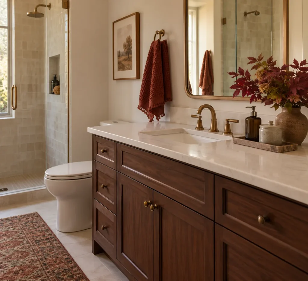 Bathroom with warm wood, autumn colors, and soft textiles.