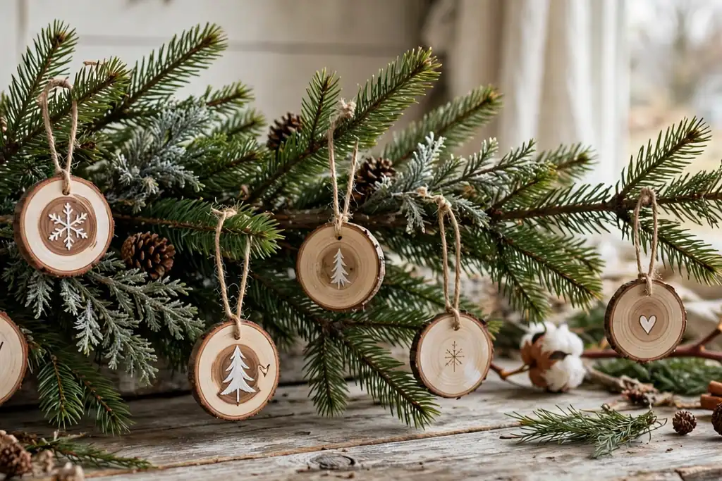 Christmas tree branch with wood slice ornaments hanging on twine loops.
