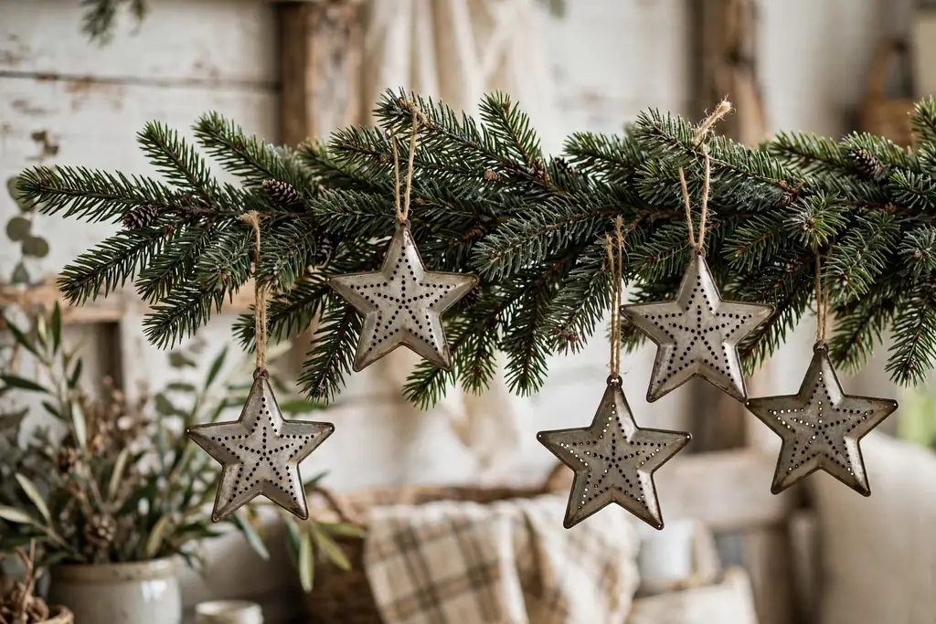 Christmas tree branch with punched tin star ornaments.