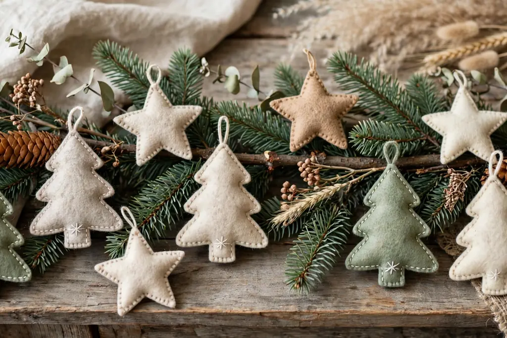 Christmas tree branch with simple felt tree and star ornaments.